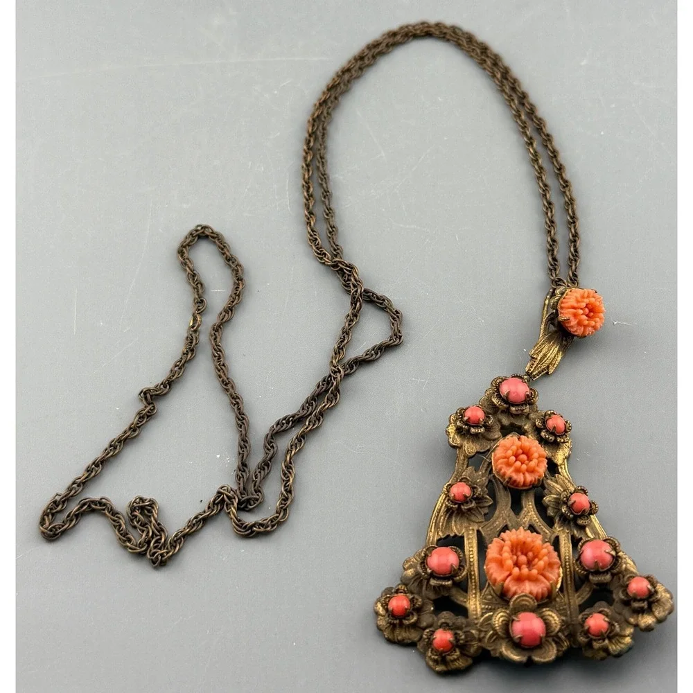 Vintage Czech Style Necklace Brass Filigree Pendant Orange Beads Carved Flowers
